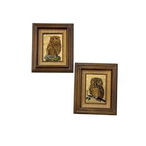 Foil Art OWLS 12x10 Wood Framed Pair Signed By Artist Sondra Nemec MCM Vintage